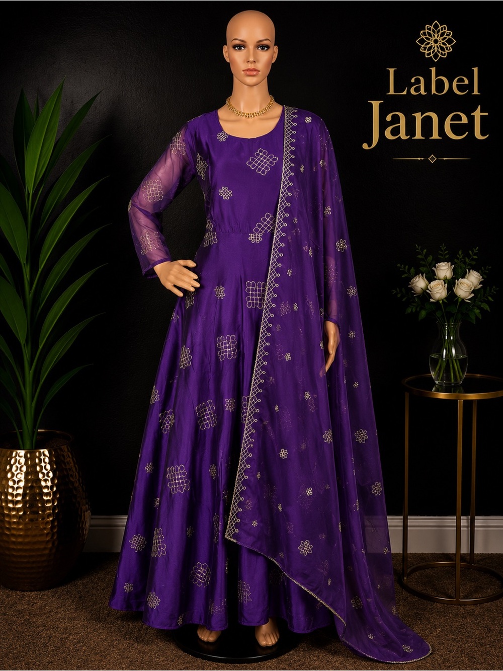 Brand new Purple Embroidered Women's Anarkali Dress with Dupatta,Size - L(40”)